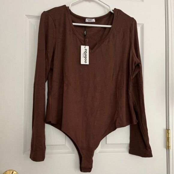 NWT LADIES SIZE XXL ZEAGOO BROWN RIBBED LONG SLEEVE BODYSUITE - Picture 1 of 4